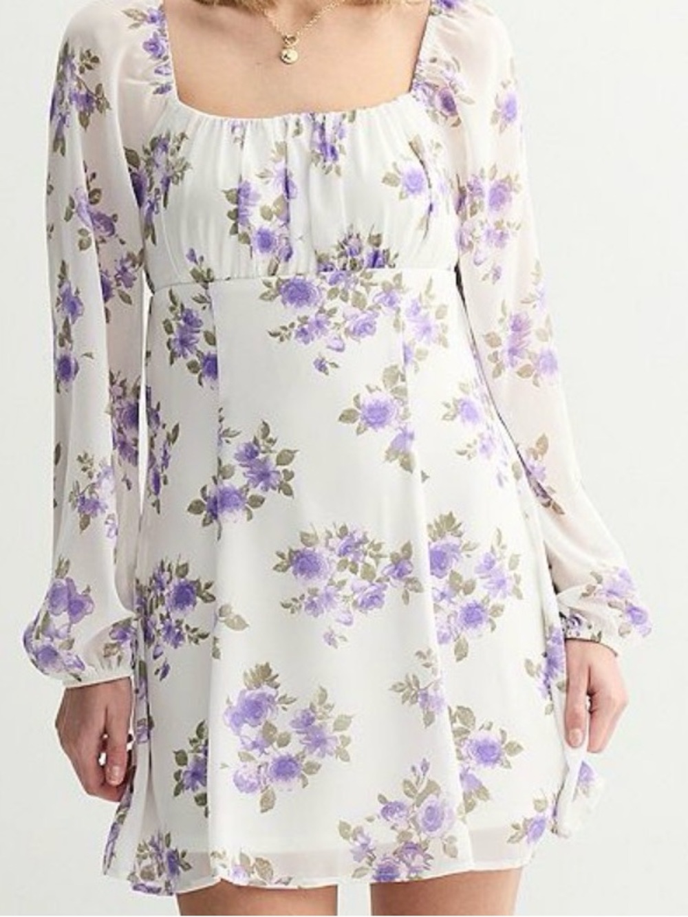 White Floral Square-Neck Long Sleeve Mini Dress - Lavender Print
